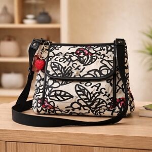 EUC COACH POPPY Floral Scribble Print Crossbody Bag in Cream and Black